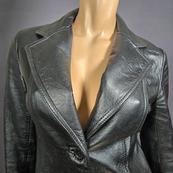 Vintage 70s Black Leather Blazer Jacket Womens Size S Rocker Grunge - Picture 2 of 8